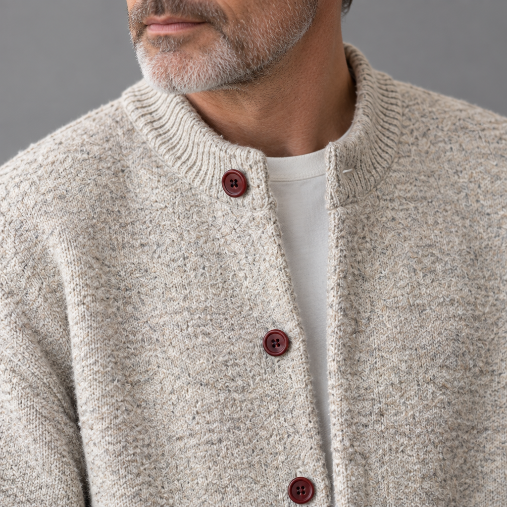 Men's knit relaxed cardigan, close-up of knit texture and buttons