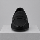 Men's faux leather penny loafers, straight-on gray pedestal shot