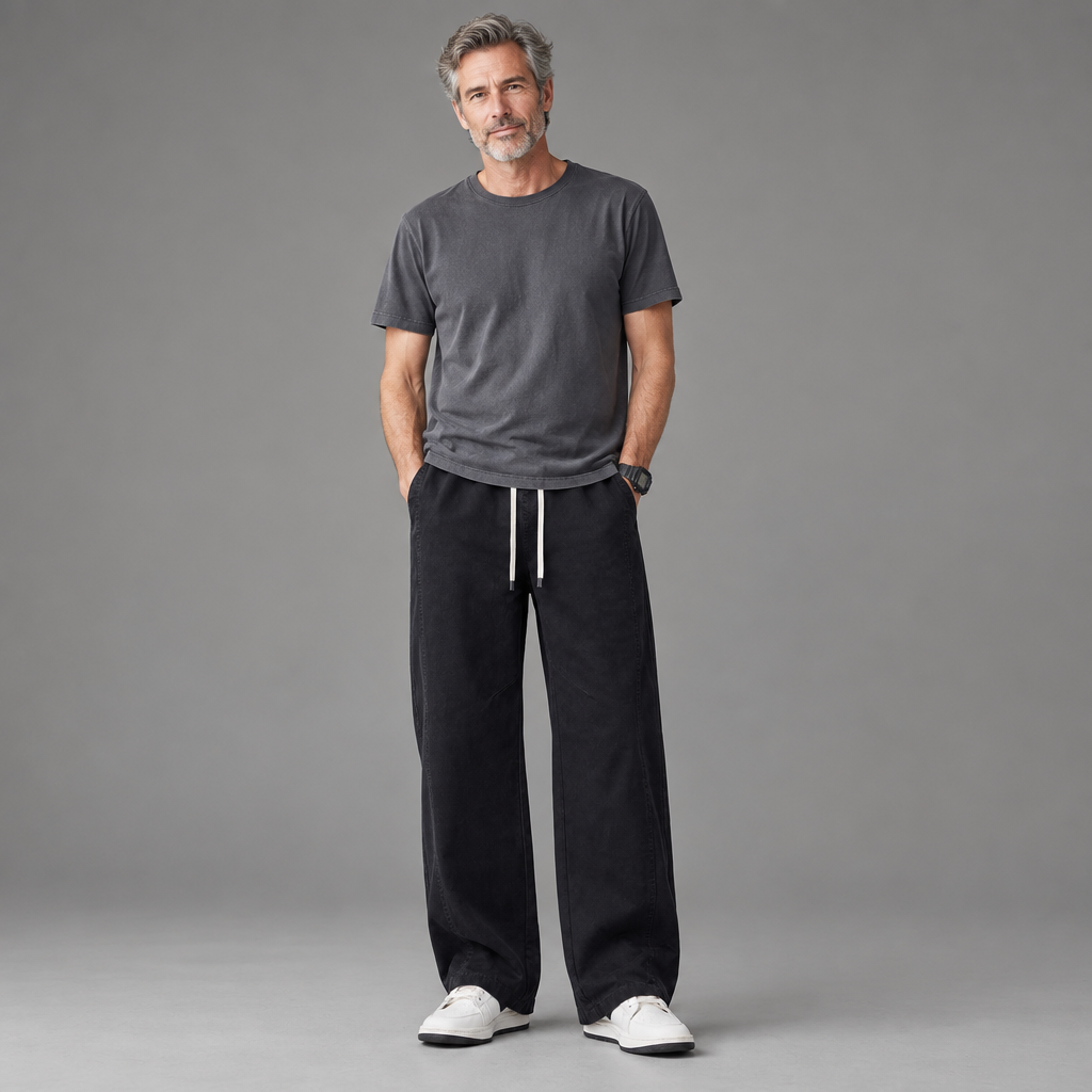 Men's cotton relaxed pants, full-body standing shot