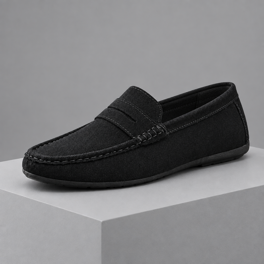 Men's faux leather penny loafers, 3/4 angle gray pedestal shot