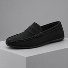 Men's faux leather penny loafers, 3/4 angle gray pedestal shot