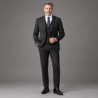 Men's woven tailored three-piece suit, full-body standing shot