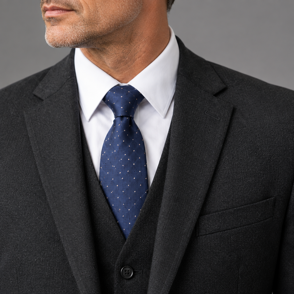 Men's woven tailored suit, close-up of notch lapel detail