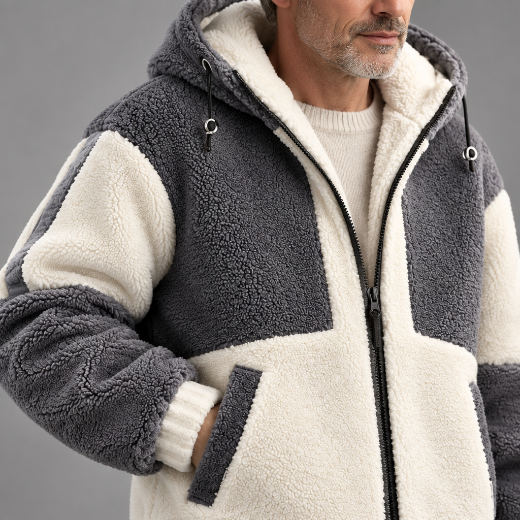 Men's fleece colorblock jacket, close-up of slanted pocket detail