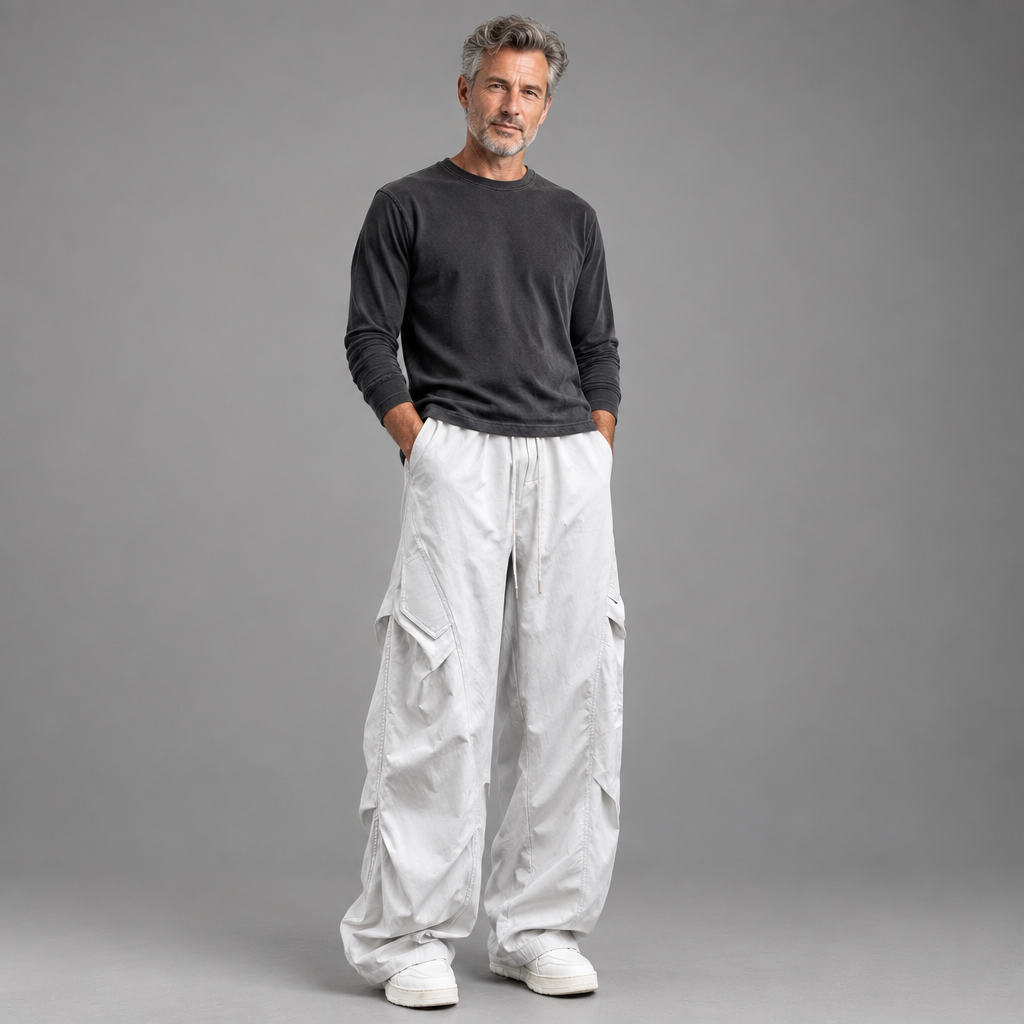 Men's woven wide-leg cargo pants, full-body standing shot