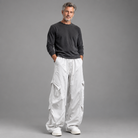 Men's woven wide-leg cargo pants, full-body standing shot
