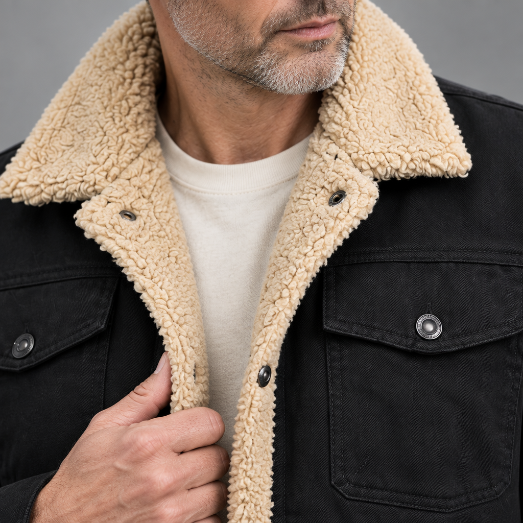 Men's fleece-lined jacket, close-up of fleece lining and snap-button front