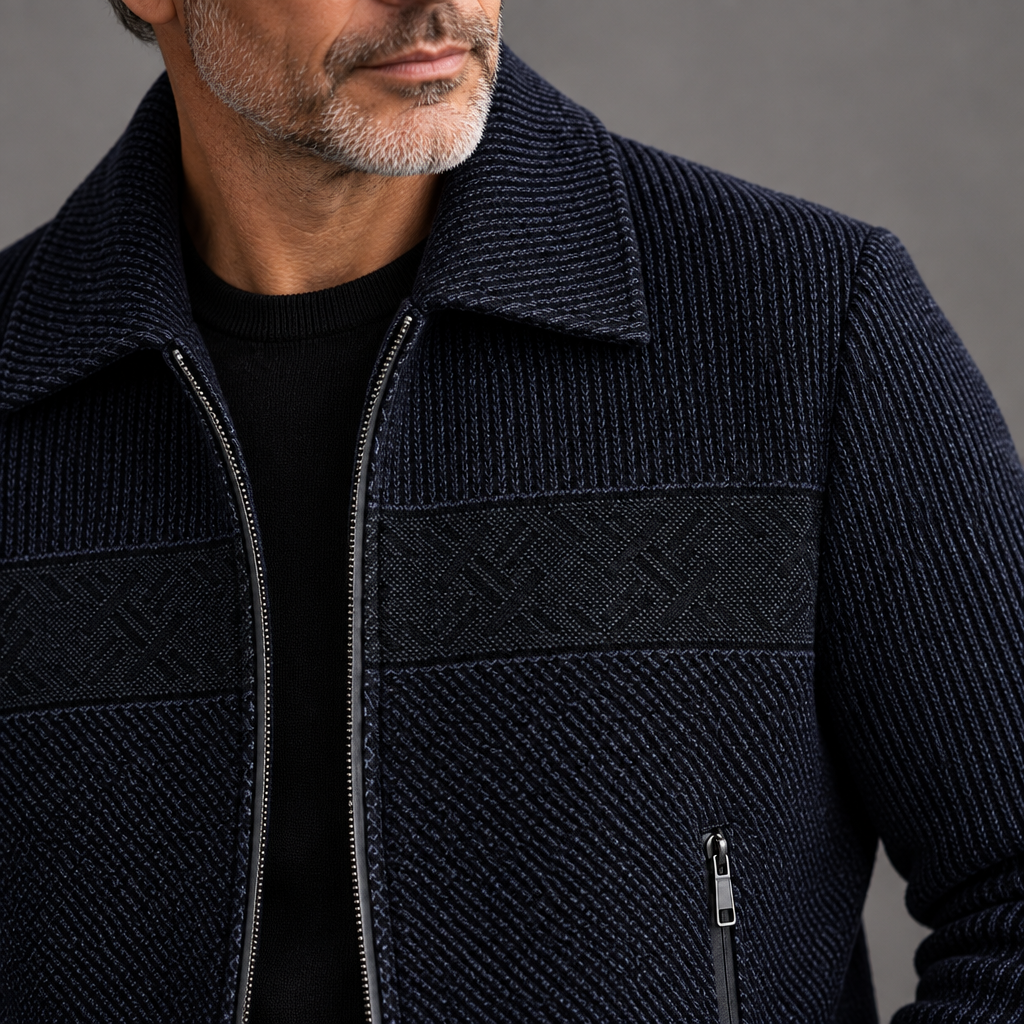 Men's woven textured jacket, close-up of zip pocket detail