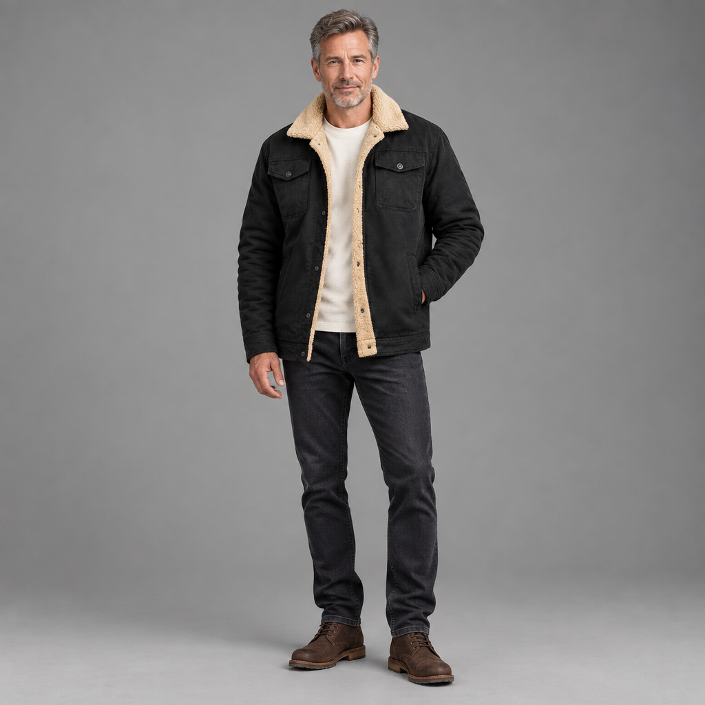 Men's fleece-lined jacket, full-body standing shot