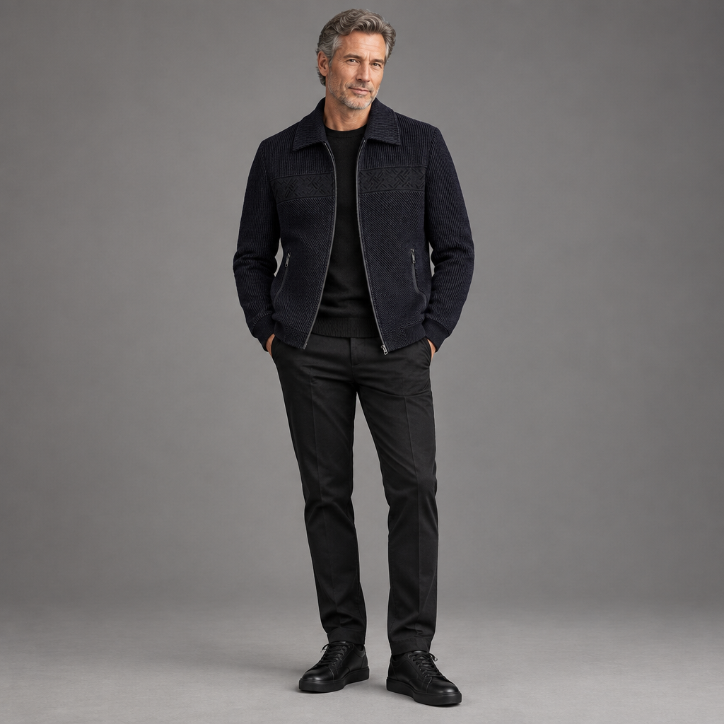Men's woven textured jacket, full-body standing shot