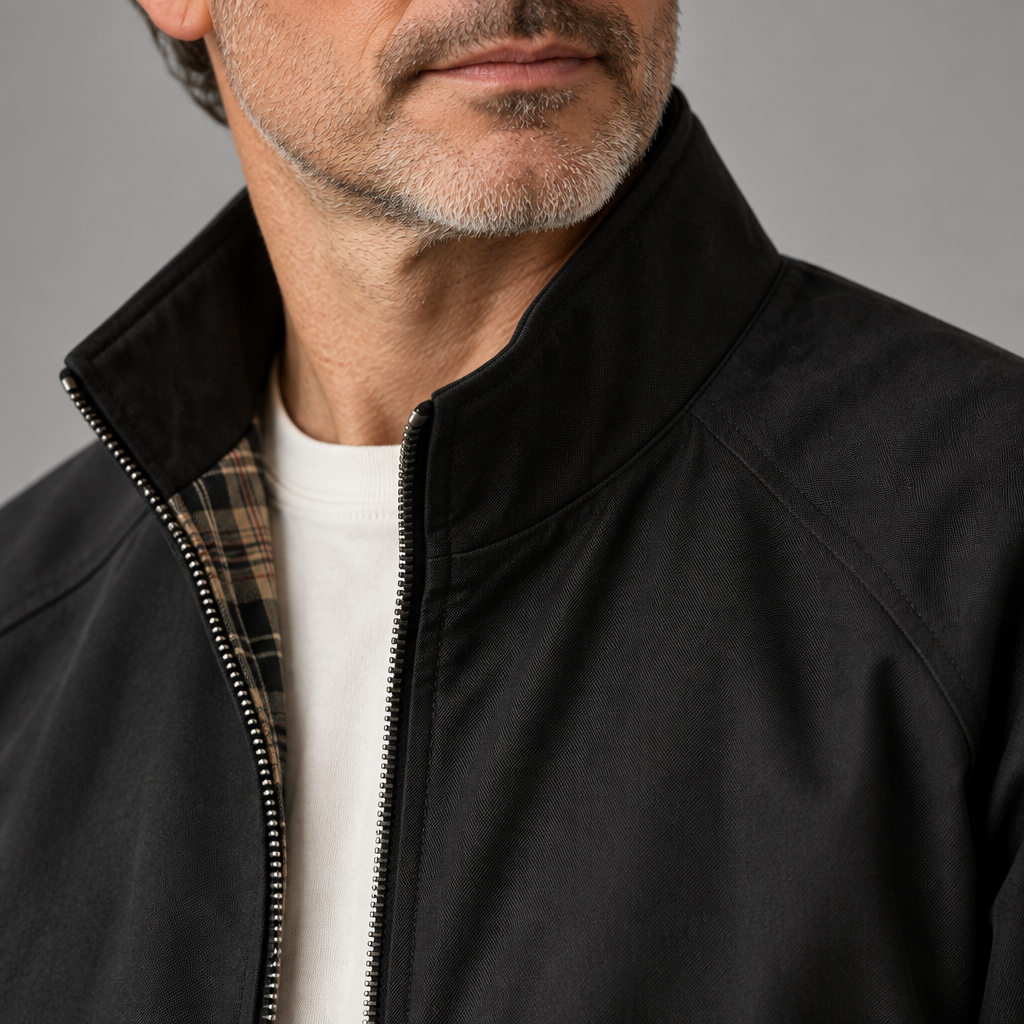 Men's woven Harrington jacket, close-up of stand collar detail
