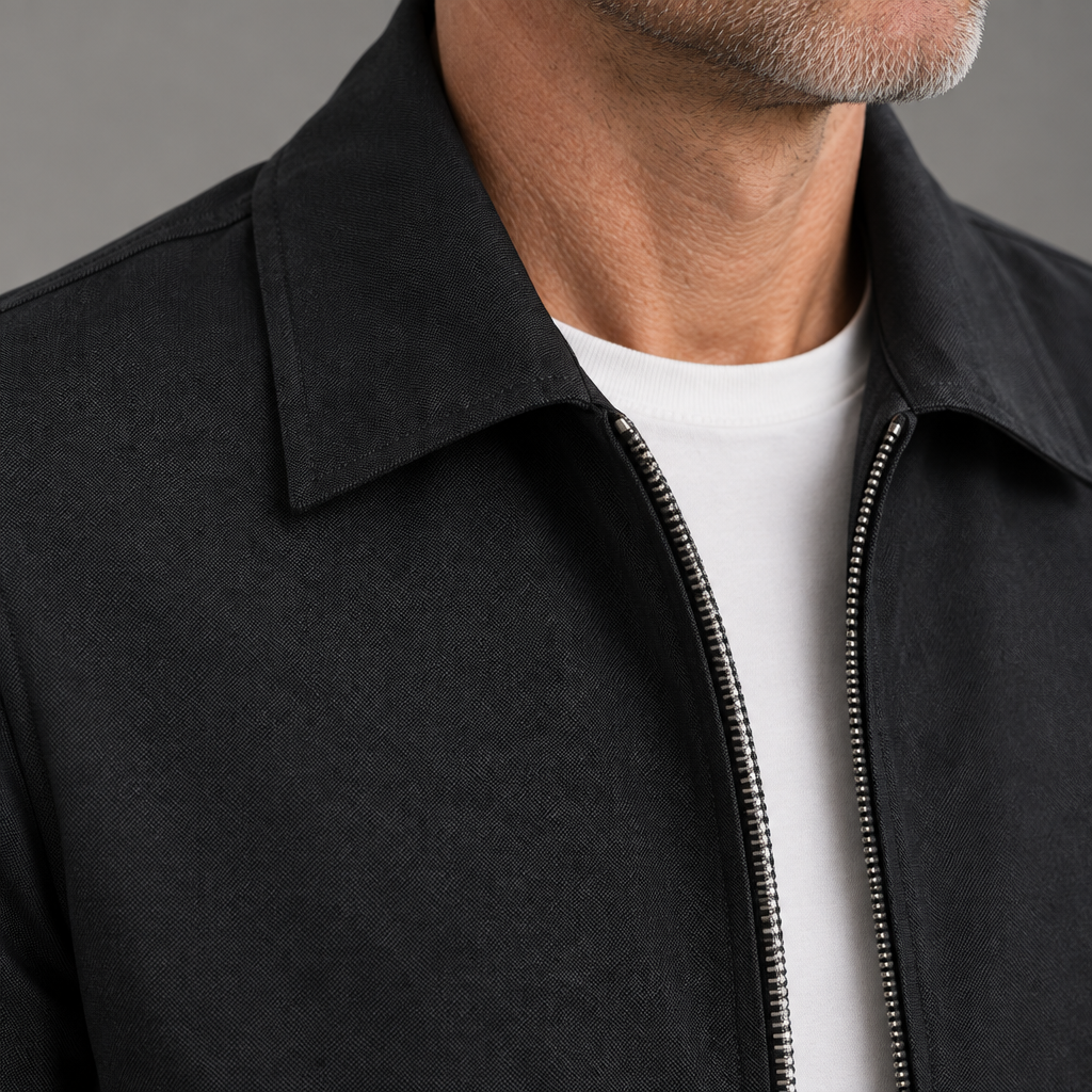 Men's woven zip jacket, close-up of pointed collar detail