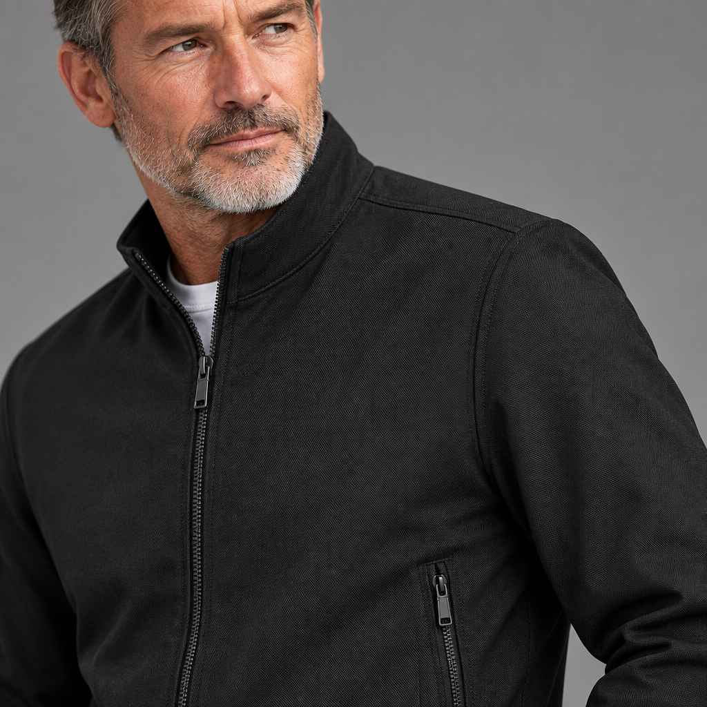 Men's woven stand-collar jacket, close-up of zippered pocket detail
