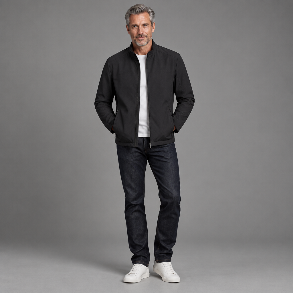 Men's woven stand-collar jacket, full-body standing shot