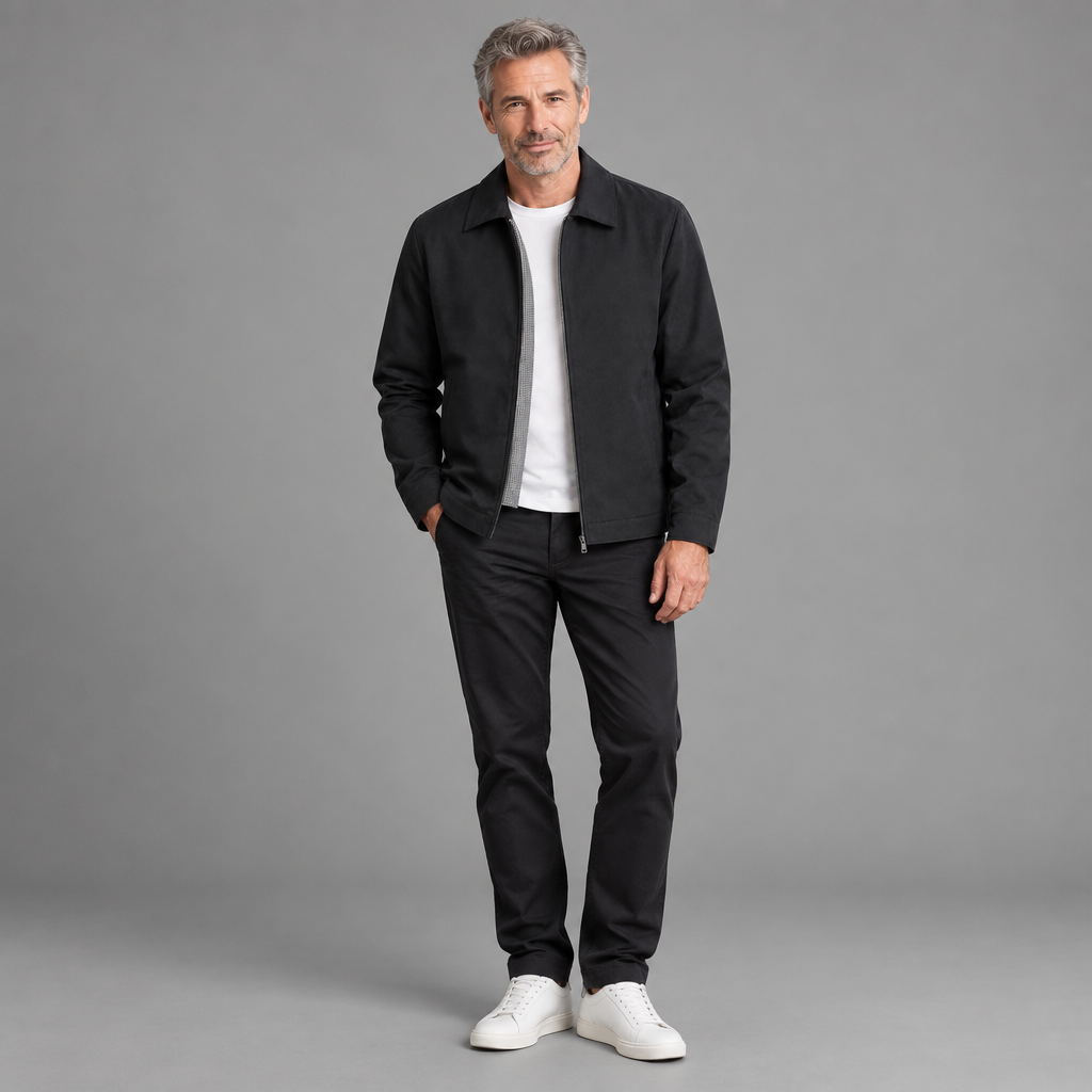 Men's woven zip jacket, full-body standing shot