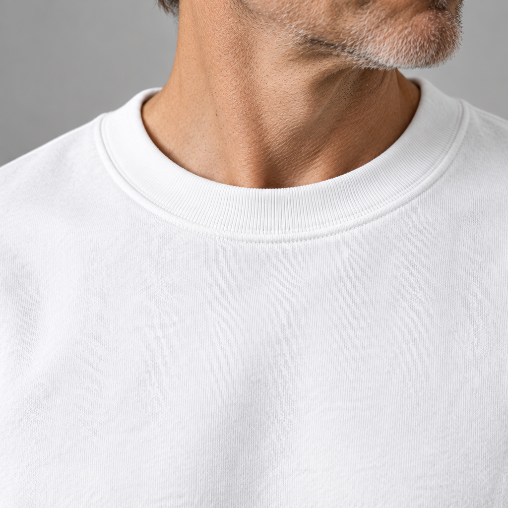 Men's cotton blend t-shirt, close-up of ribbed crew neckline
