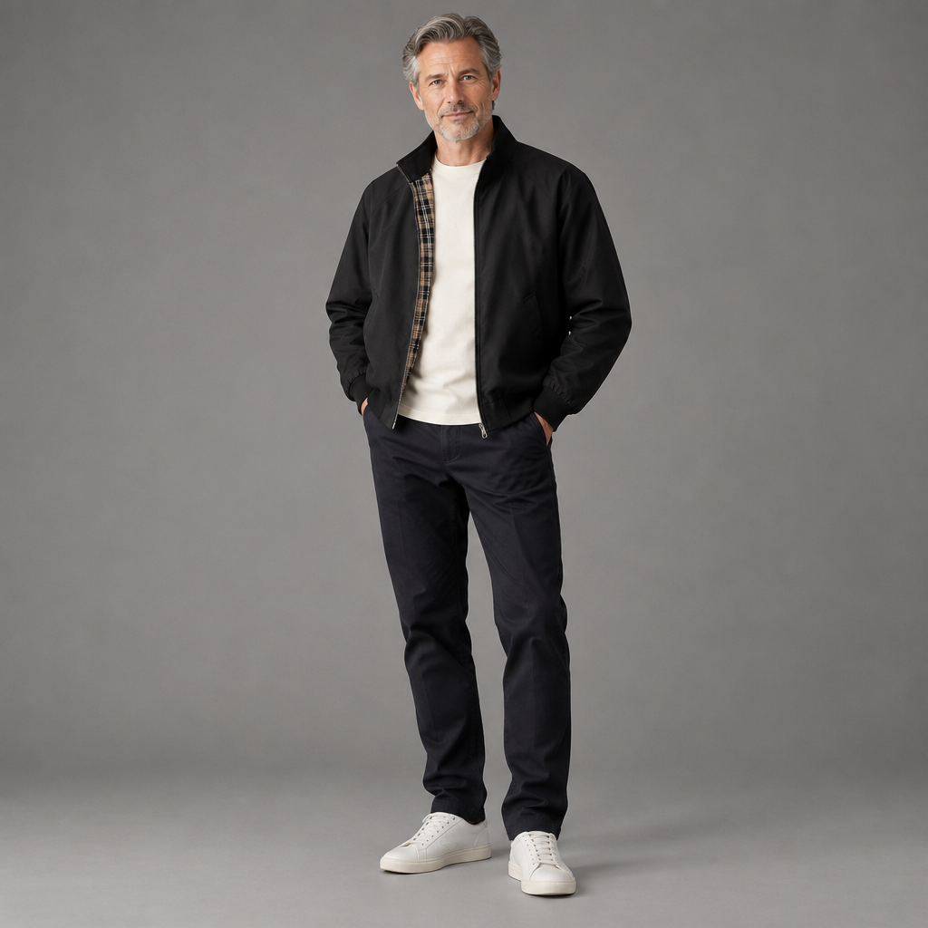 Men's woven Harrington jacket, full-body standing shot