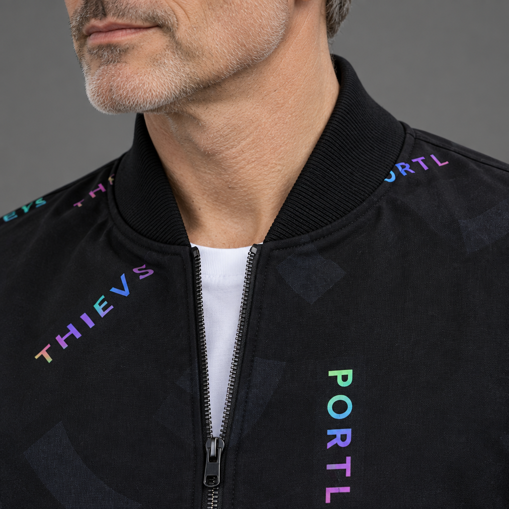 Men's printed bomber jacket, close-up of ribbed collar and print detail