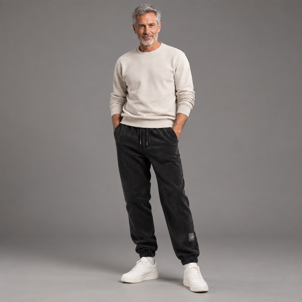 Men's woven blend joggers, full-body standing shot