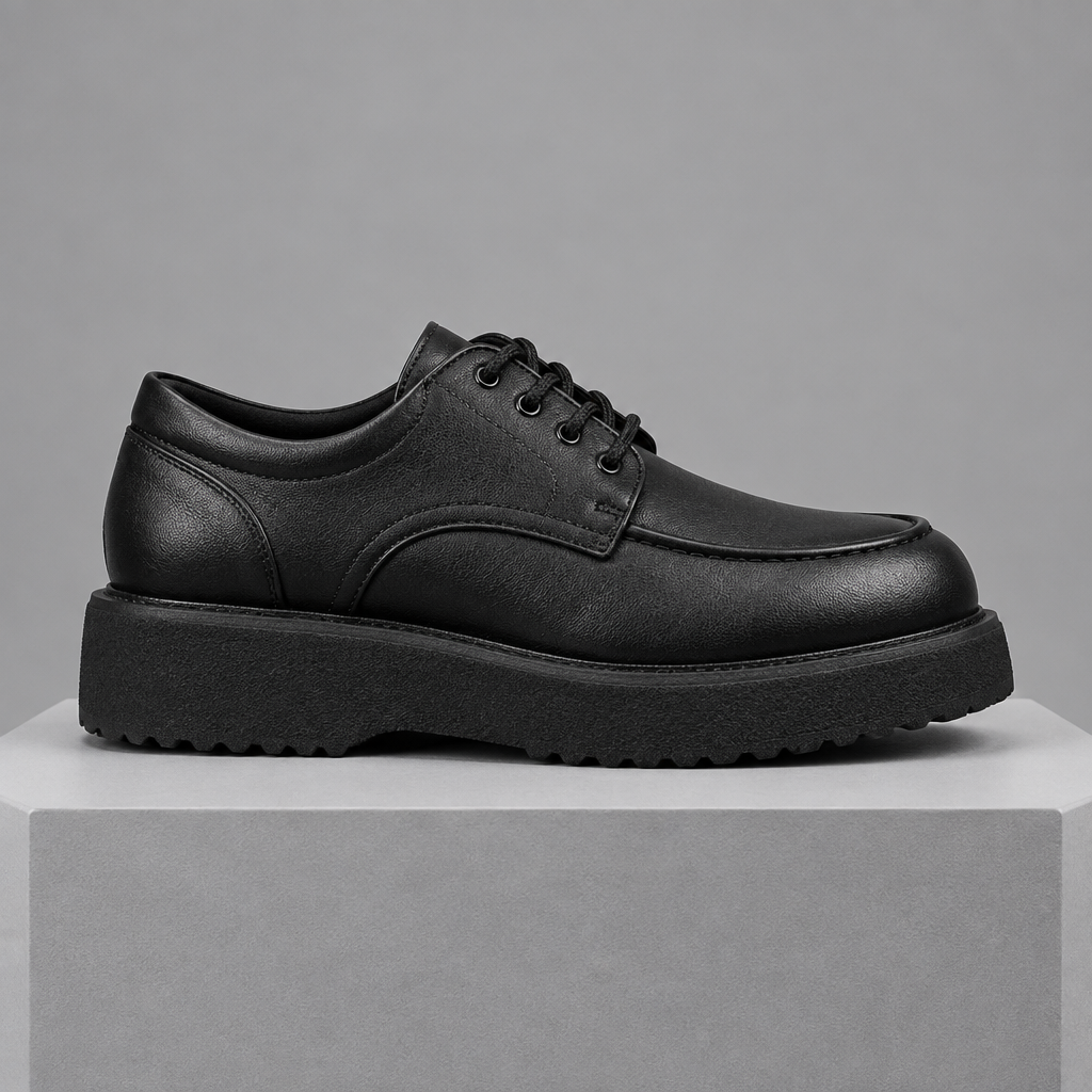 Men's faux leather platform derby shoes, straight-on gray pedestal shot