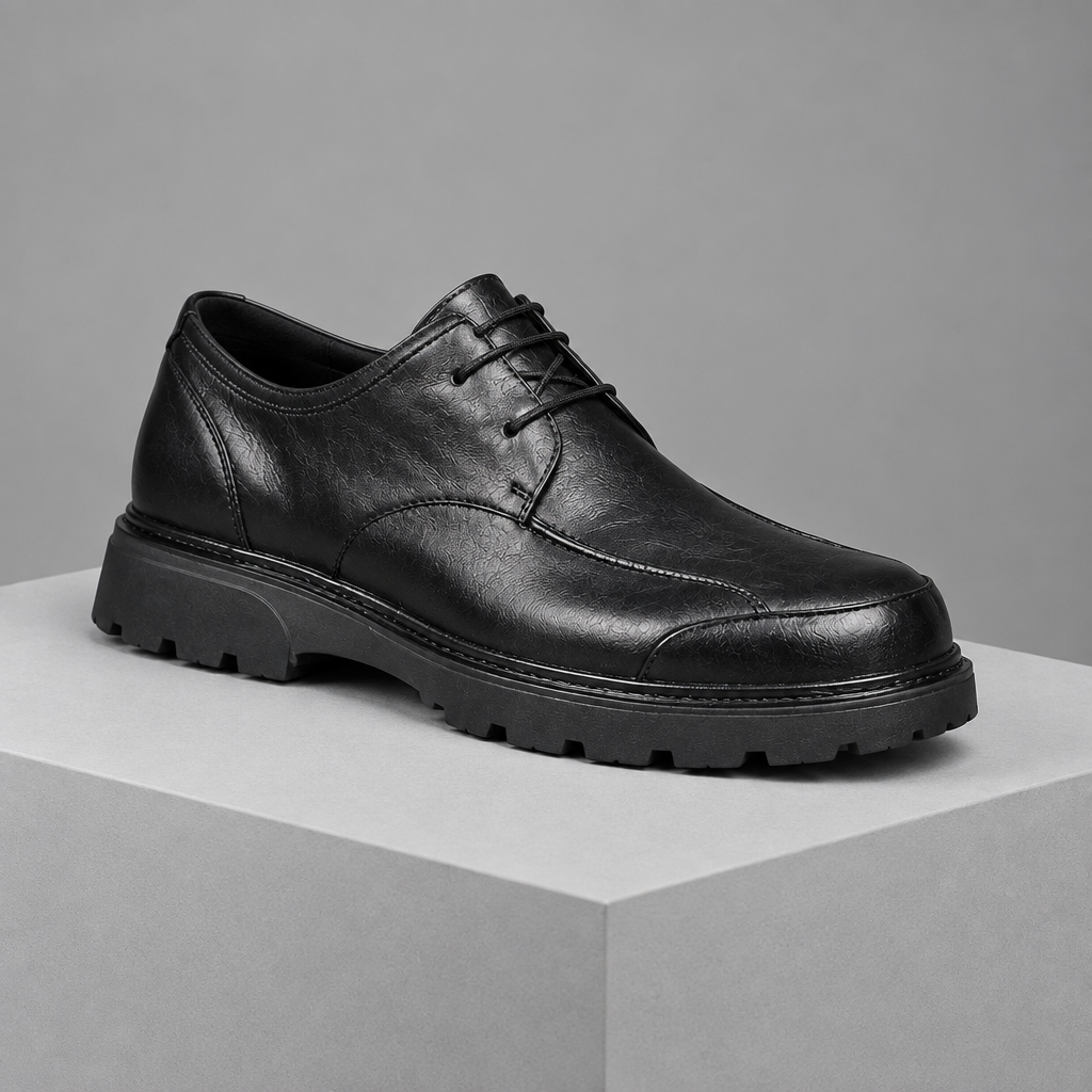 Men's leather round-toe derby shoes, 3/4 angle gray pedestal shot