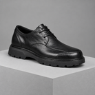 Men's leather round-toe derby shoes, 3/4 angle gray pedestal shot