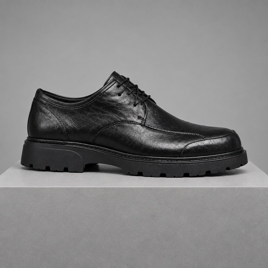 Men's leather round-toe derby shoes, straight-on gray pedestal shot