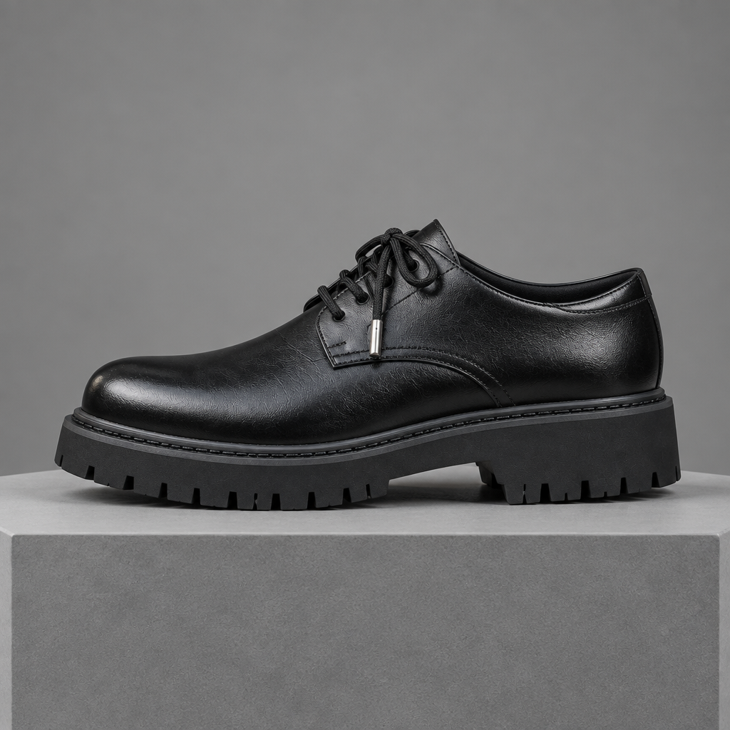 Men's faux leather lug-sole derby shoes, straight-on gray pedestal shot