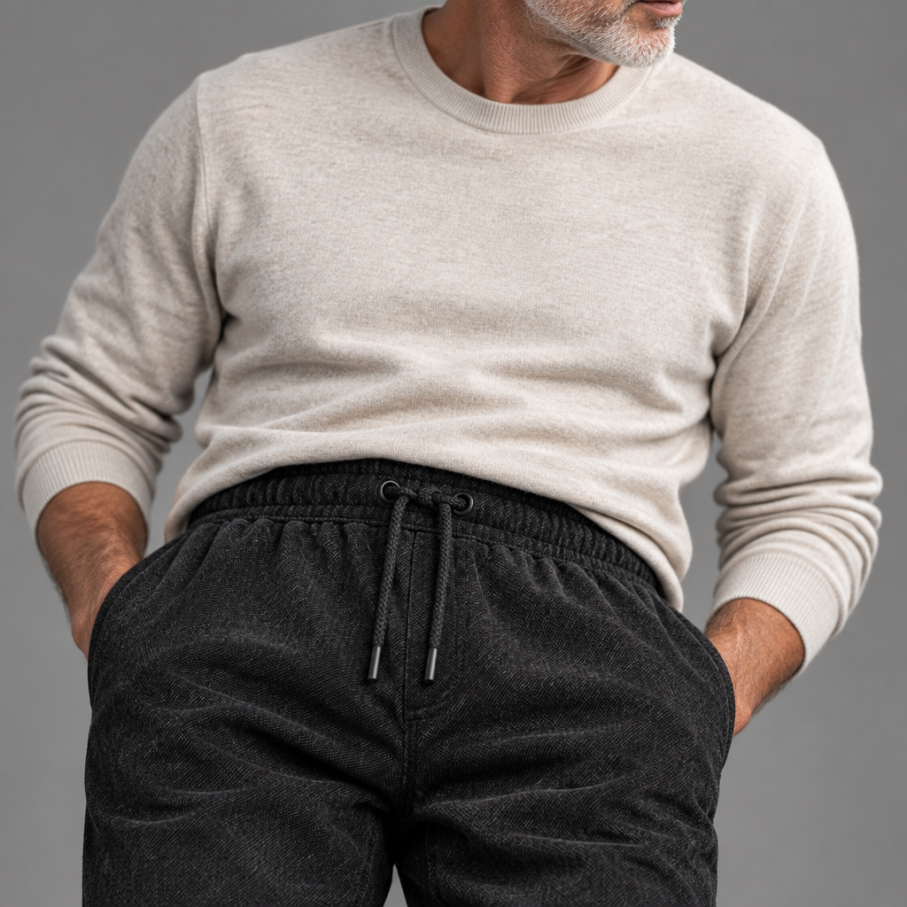 Men's woven blend joggers, close-up of fabric texture and drawstring waist