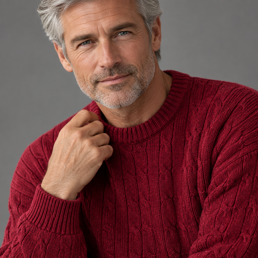 Men's cable knit sweater, close-up of cable-knit texture and ribbed cuffs