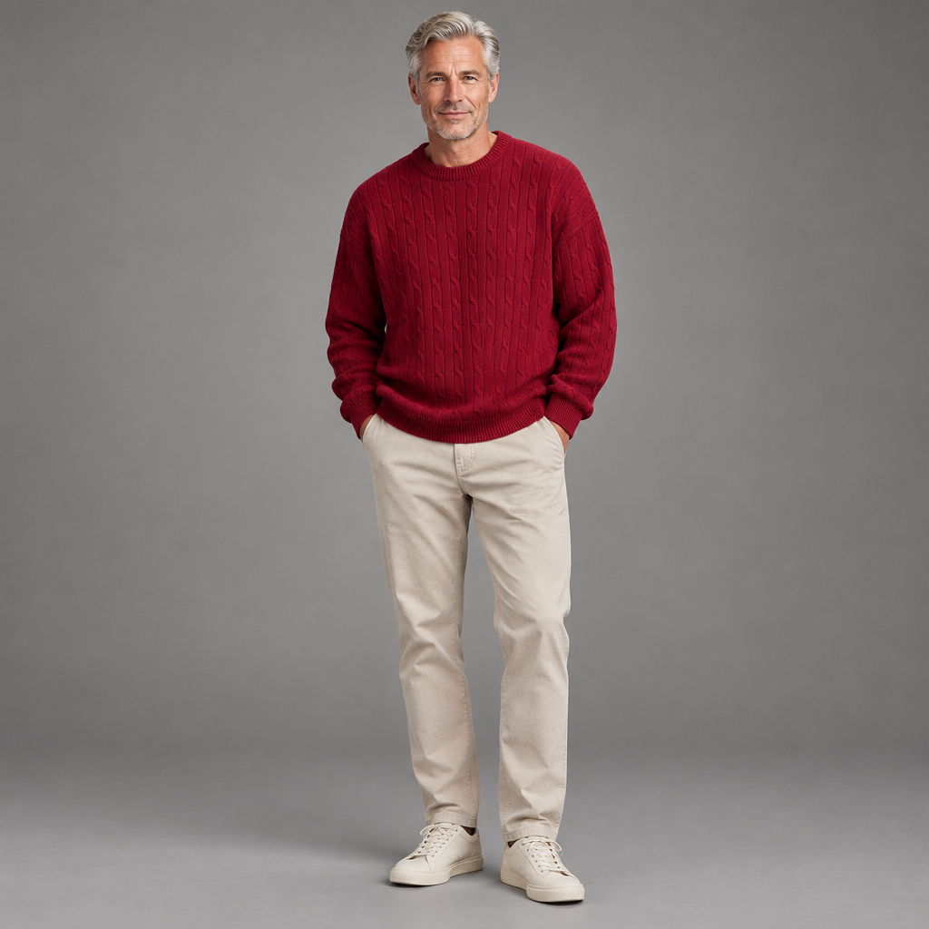 Men's cable knit sweater, full-body standing shot