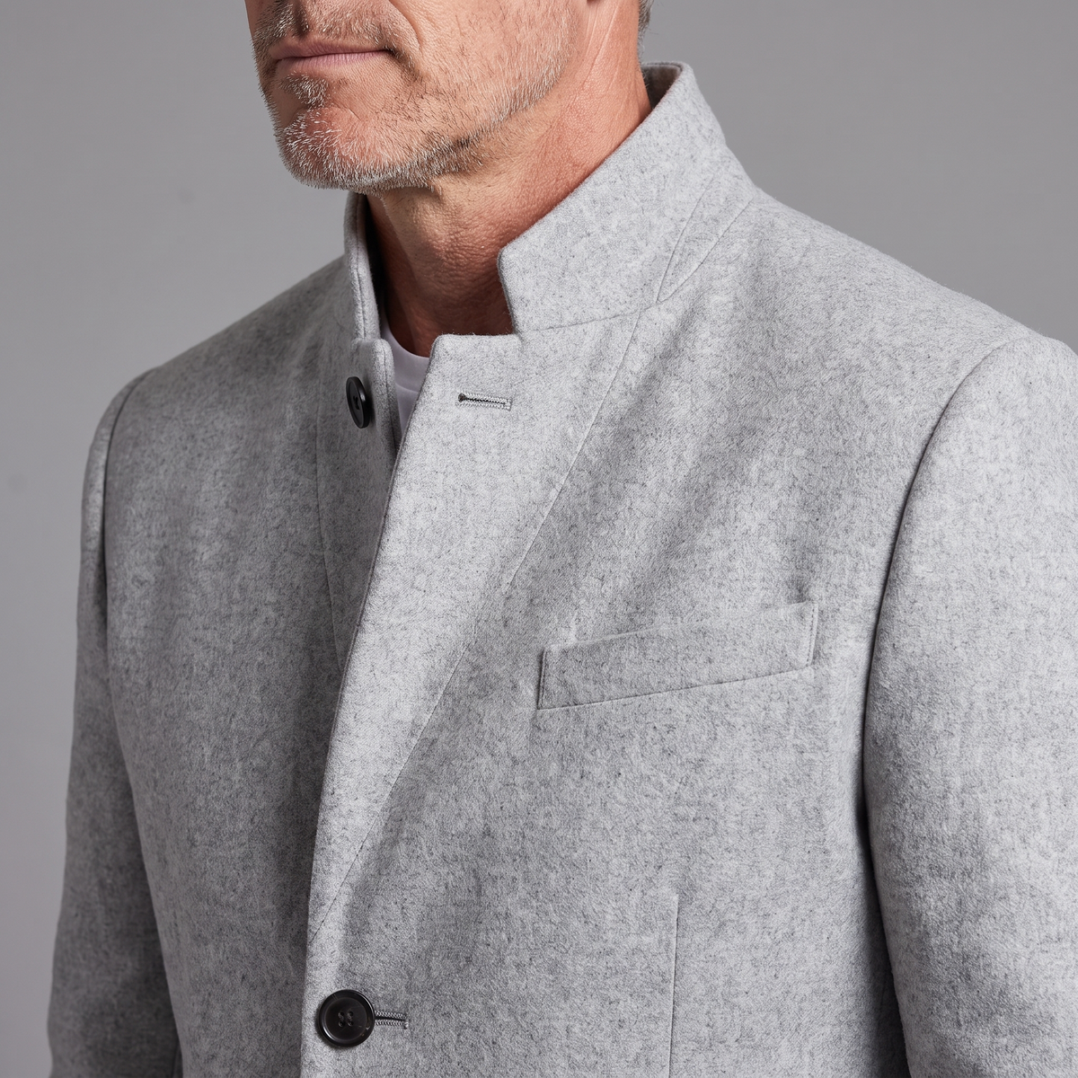 Men's stand-collar wool overcoat, close-up of collar, wool texture and chest pocket