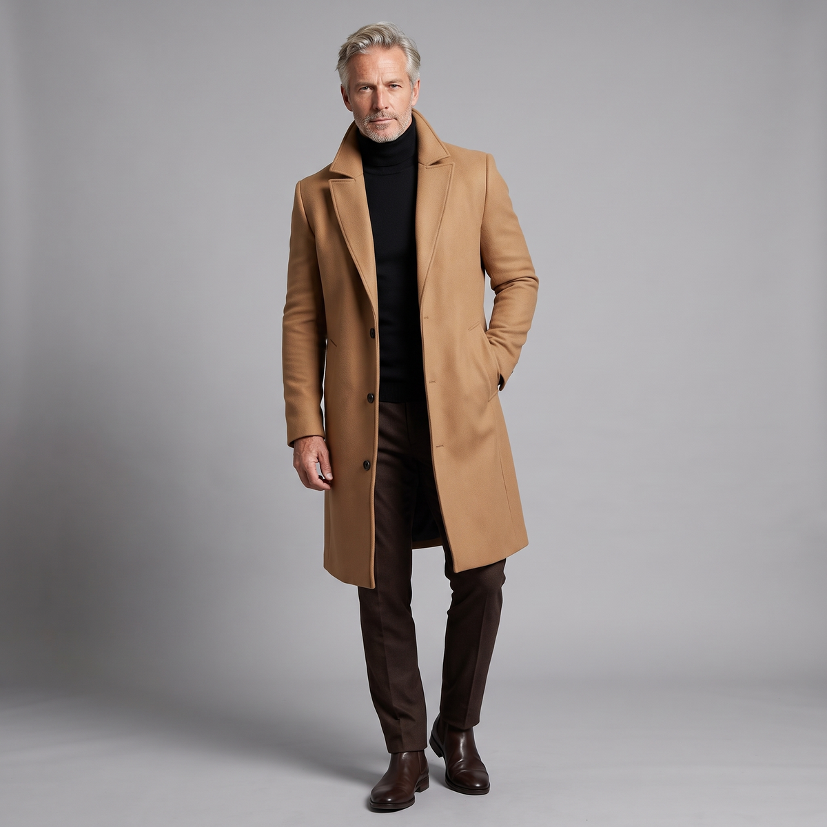 Men's slim-fit long wool overcoat in camel brown, full-body standing shot