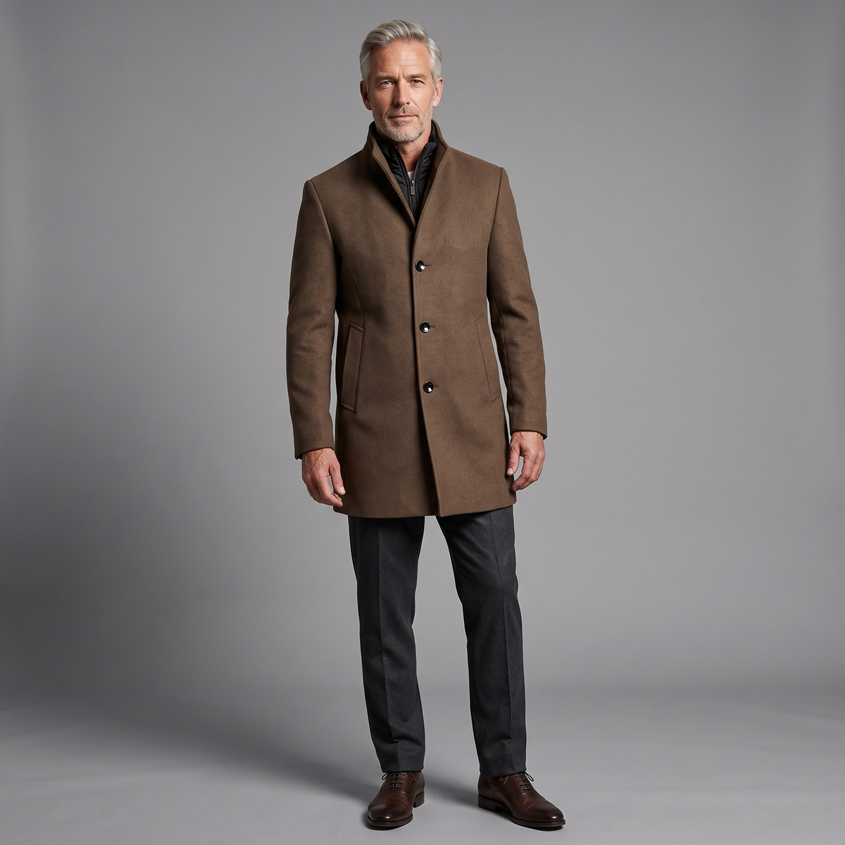 Men's quilted-lined wool single-breasted overcoat in brown, full-body standing shot