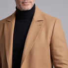 Men's long wool overcoat, close-up of notched lapel and wool texture