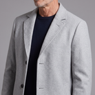 Men's wool-blend overcoat, close-up of notched lapel, buttons and fabric texture