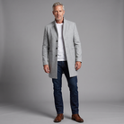 Men's slim-fit stand-collar wool overcoat in grey, full-body standing shot