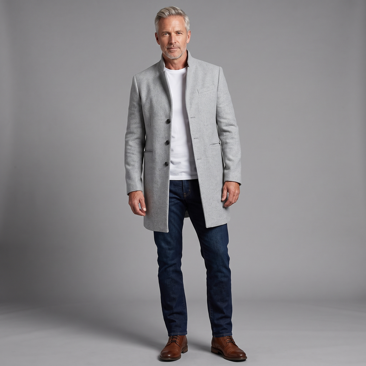 Men's slim-fit stand-collar wool overcoat in grey, full-body standing shot