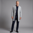 Men's wool-blend notch lapel overcoat in light gray, full-body standing shot