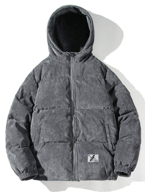Men's corduroy hooded puffer jacket, product view