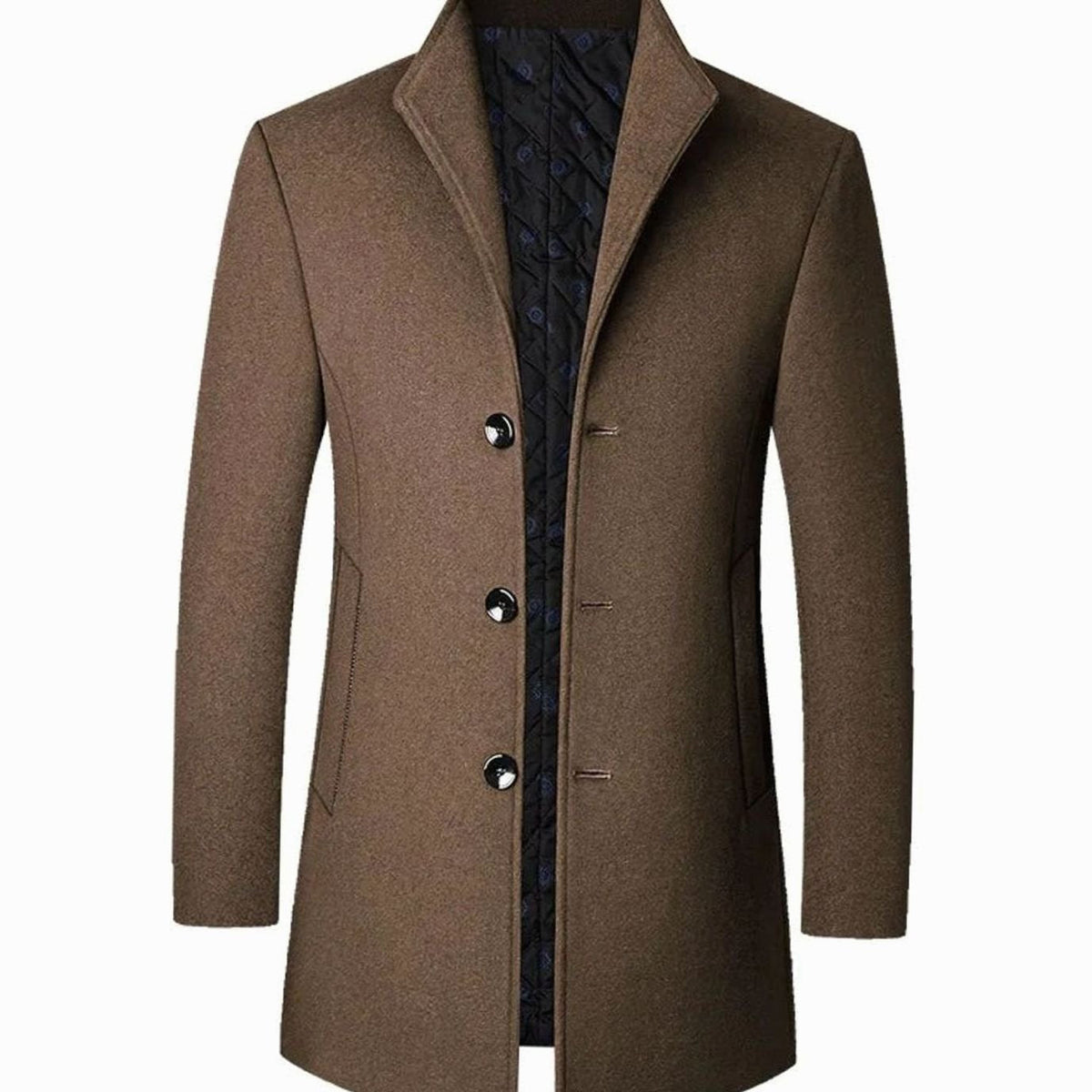 Men's quilted-lined wool single-breasted overcoat, product view