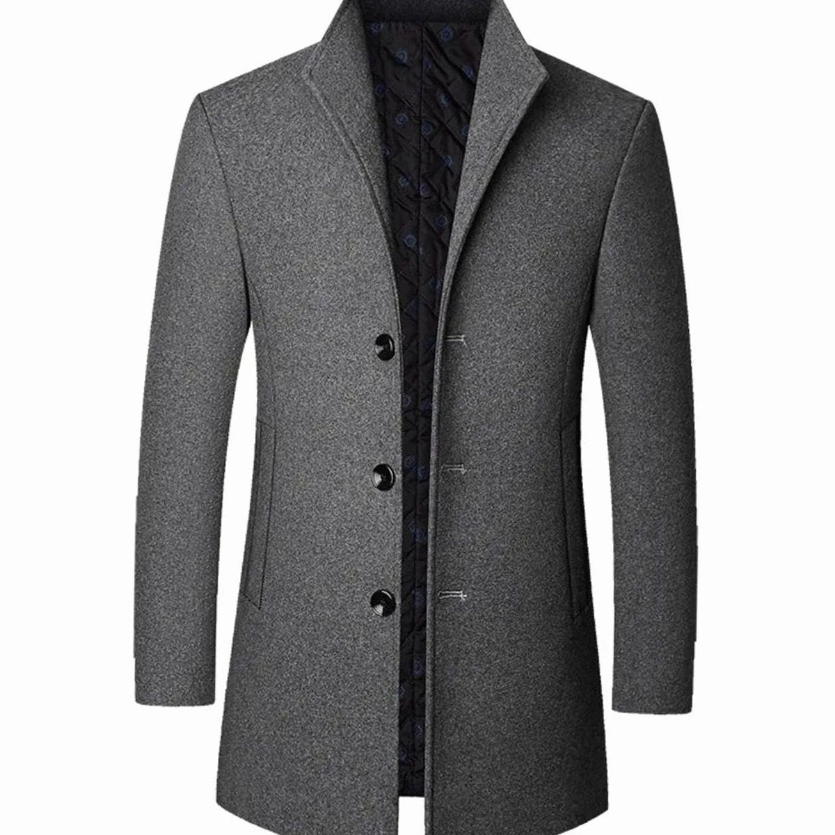 Men's quilted-lined wool single-breasted overcoat, product view