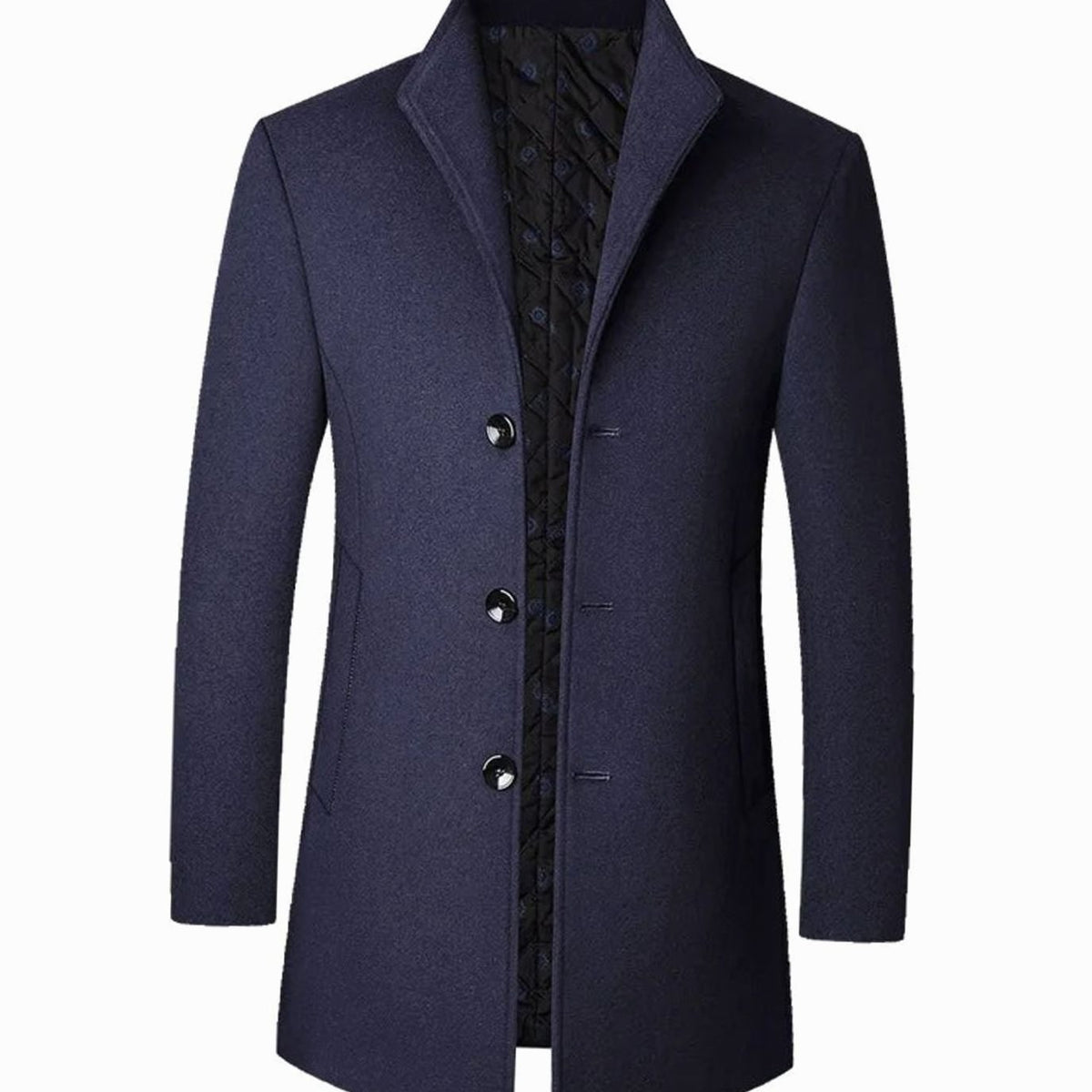 Men's quilted-lined wool single-breasted overcoat, product view