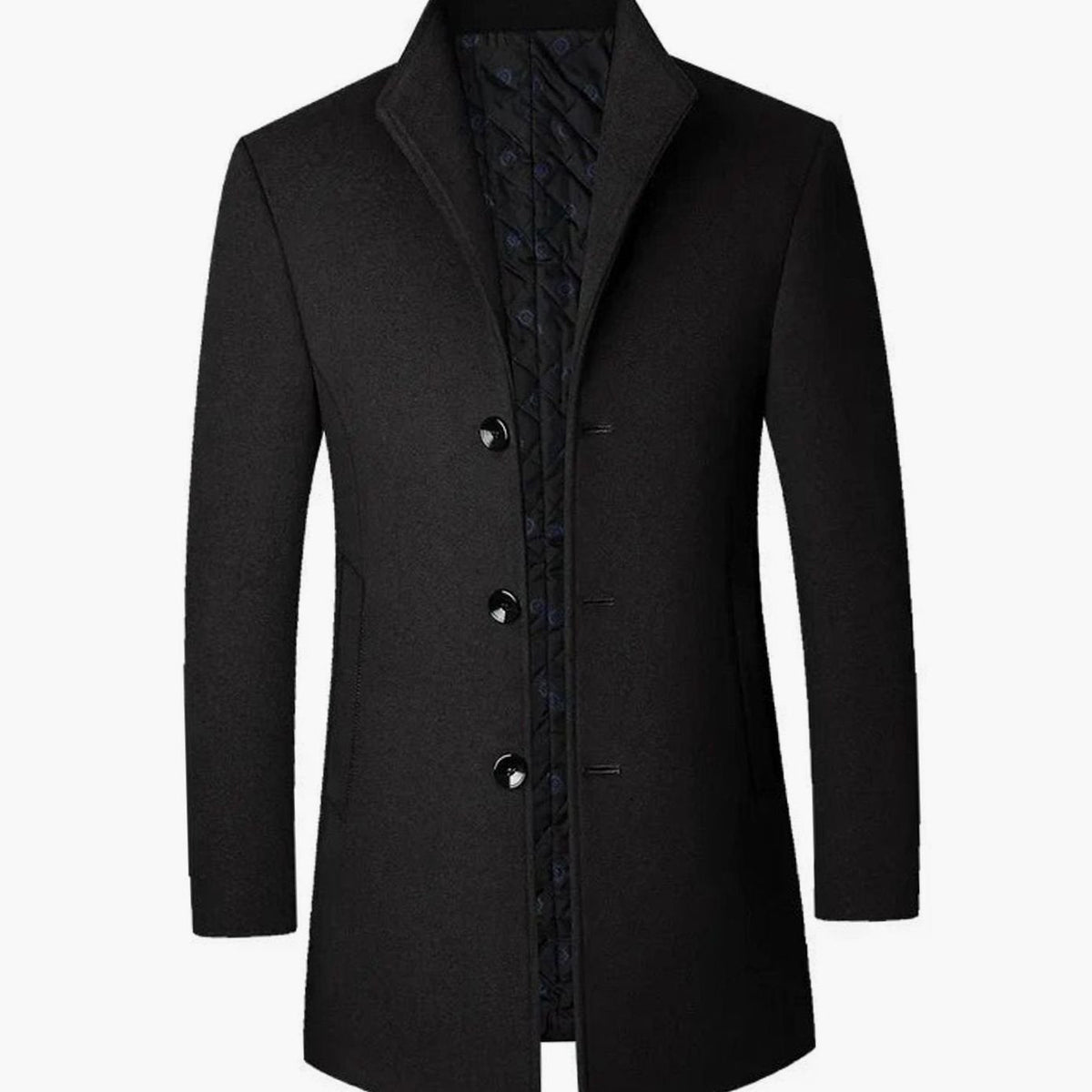 Men's quilted-lined wool single-breasted overcoat, product view