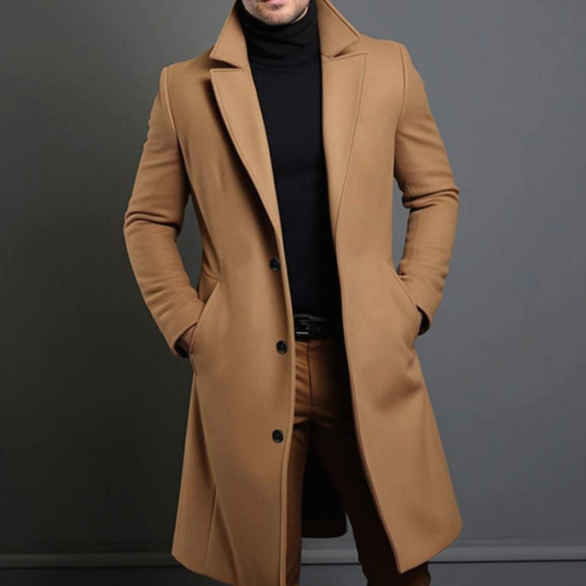 Men's slim-fit long wool overcoat, product view
