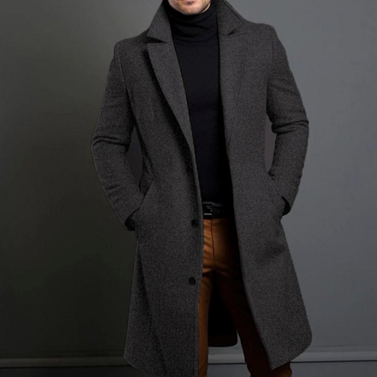 Men's slim-fit long wool overcoat, product view
