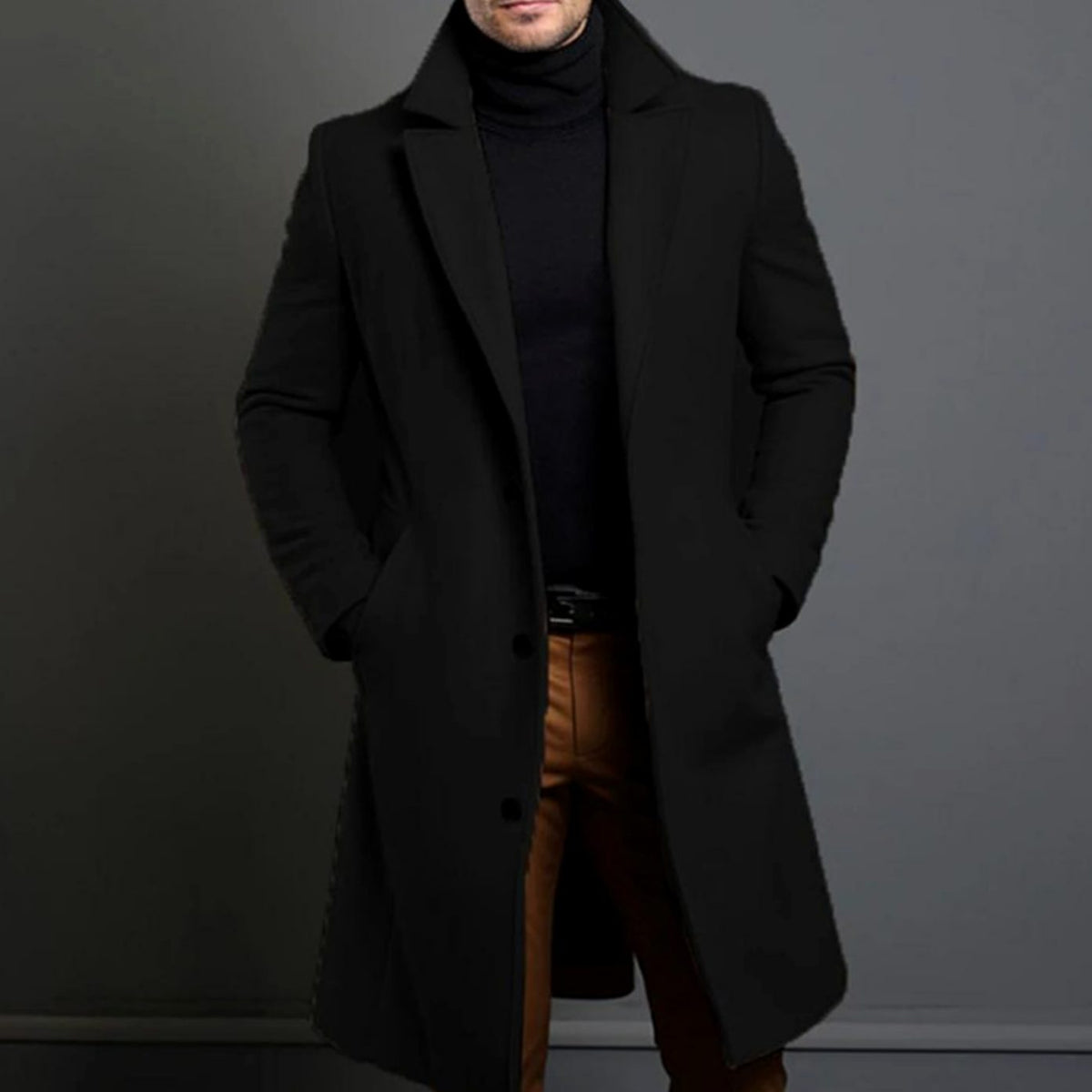 Men's slim-fit long wool overcoat, product view