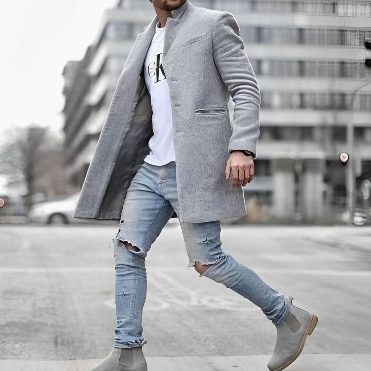 Men's slim-fit stand-collar wool overcoat, product view