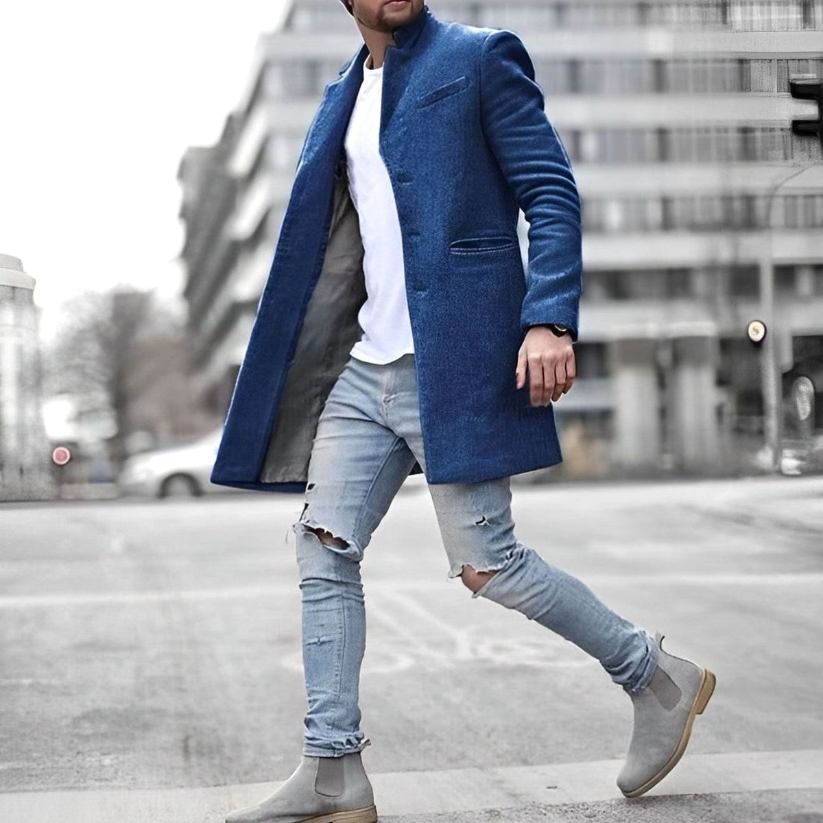 Men's slim-fit stand-collar wool overcoat, product view